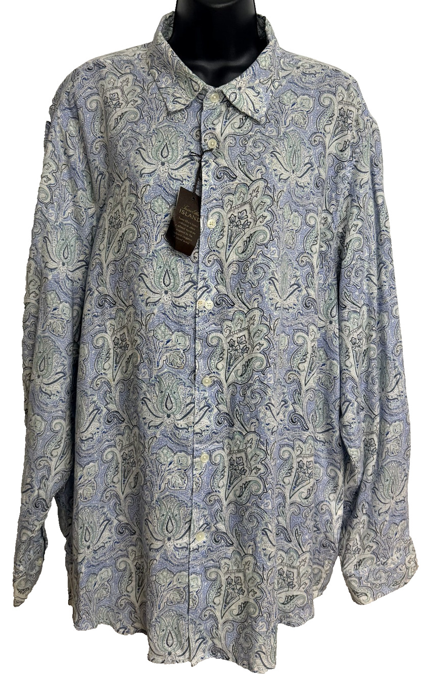 Tasso Elba Casapulla Linen Shirt Mens 2XL Sage Combo Paisley Button Up New